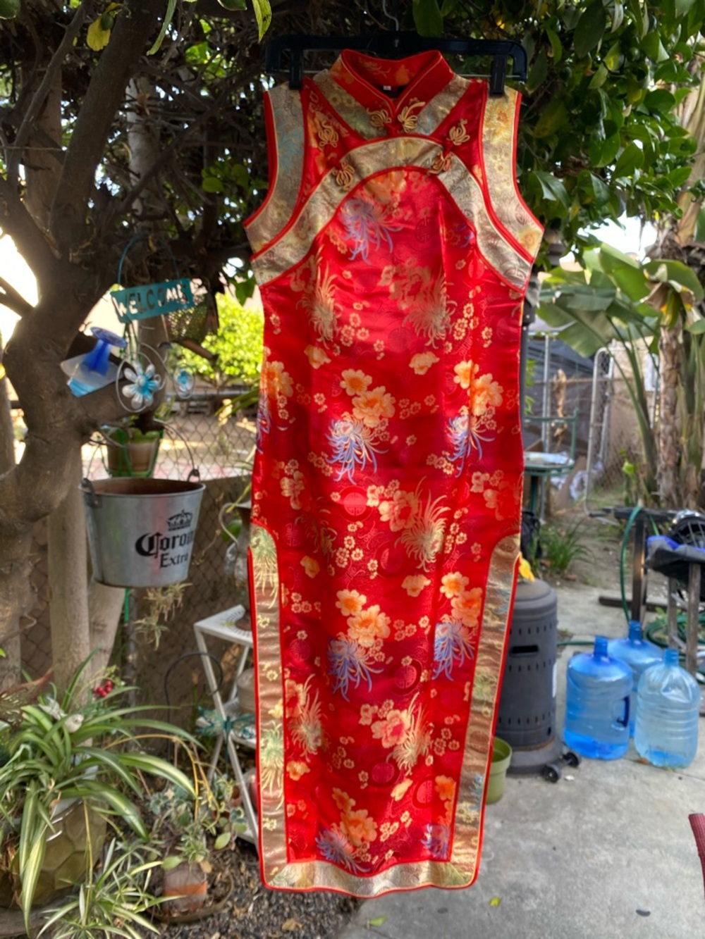 Red Floral Satin Cheongsam Qipao Dress with Gold Trim